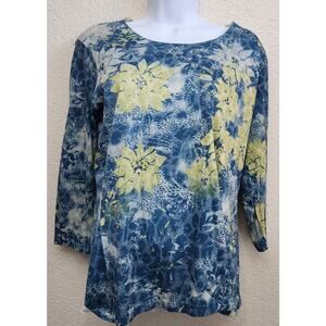 Multiples Blue Yellow Floral Print Rhinestones Top Medium Lightweight Soft Lined